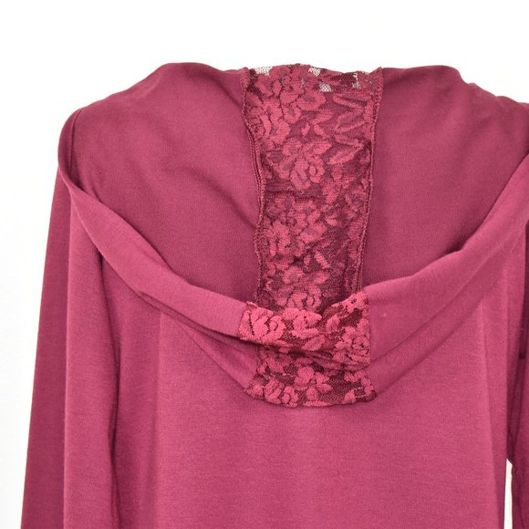 Womens Whimsigoth Hooded Lace Hem Long Sleeve Tunic Top Size M Burgundy Coquette - Picture 6 of 13